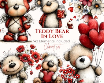 42 PNGs, Valentine Teddy Bear Clipart Bundle, Watercolor PNGs (Digital Download)