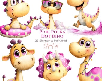 Rosa prickig dinosaurie sommar clipart, akvarell strand PNG-grafik (digital nedladdning)