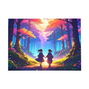 Puzzle, Fantasy Art with Two Asian Girls, Nostalgic Design, Forest 28x20, 1000-Piece Jigsaw, Mind Game for Adults, Meditation Activity,