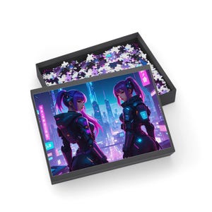 Puzzle, Cyberpunk Future City Cool Girls, 1000 Piece Jigsaw, Neon Color Design, Fun Activity, Gift, Wall Decor, Stress Relief, Mindfulness