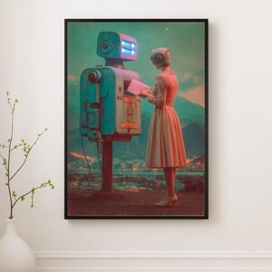 Ella escribió, él guardó: póster retro futurista de amor robótico / Impresión artística de escena de letras surrealistas / Arte mural de romance atómico