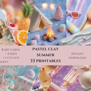 Pack d'été en terre cuite pastel – 32 arrière-plans imprimables + 1 feuille à découper | Kit de journalisation kawaii, scrapbooking, ATC, mignons éphémères