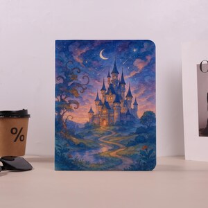 May include: A rectangular notebook featuring a vibrant illustration of a castle at twilight. The scene depicts a stone castle with blue spires under a crescent moon and starry sky, with a winding path leading through a landscape of trees and flowers.