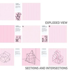 May include: A set of 14 exercise sheets for learning about sections and intersections in 3D design. The sheets feature a variety of geometric shapes, including cubes, pyramids, and prisms. The sheets are printed on pink paper with a grid pattern.