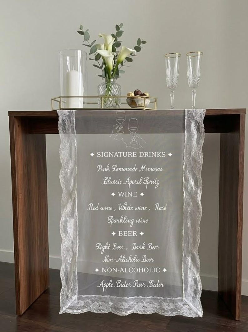 Sheer Fabric Lace Bar Sign – Wedding Cocktail Menu Banner – Classic ...