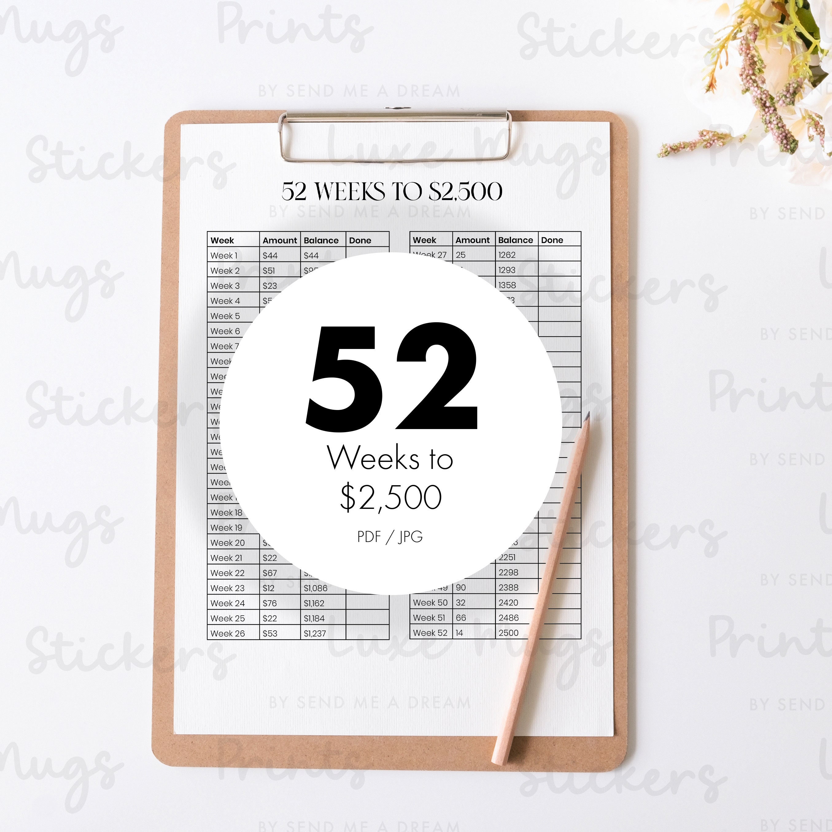 Simple Printable PDF 52 Weeks to 2500, Savings Challenge, Savings challenge Printable. 52-week savings challenge, one-year savings challenge