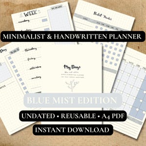 Blue Mist Edition Printable Planner PDF | Handwritten Daily, Weekly, Monthly, Habit Tracker | Undated & Minimalist