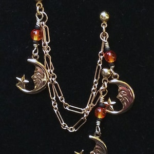 Pumpkin Moon and Stars Triple pierced cartilage earrings with gold-filled chain, 3-hole, Stud, Ear Stud, Chain Ear, Gold Earrings