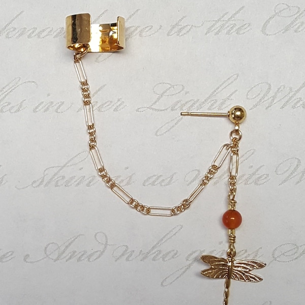 Carnelian Dragonfly Double Pierced Ear Cuff and Earring for cartilage or lobe