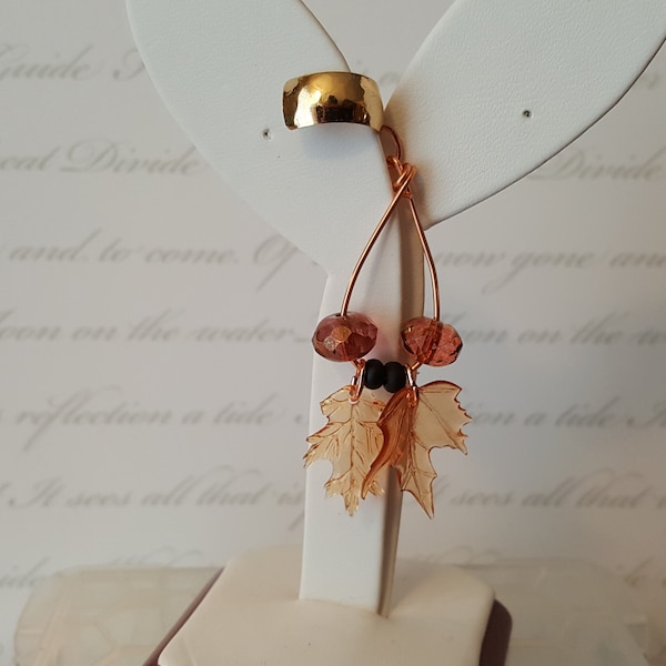 Fall Autumn Maple & Oak Leaves in amber and crystal ear cuff