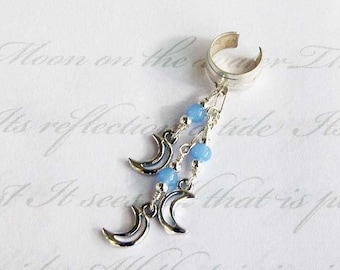 Crescent Moon Sterling Silver ear cuff and chain ear wrap with pale blue beads uk lunar