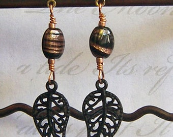 Black and Copper Openwork Leaf Earrings with black & copper glass beads