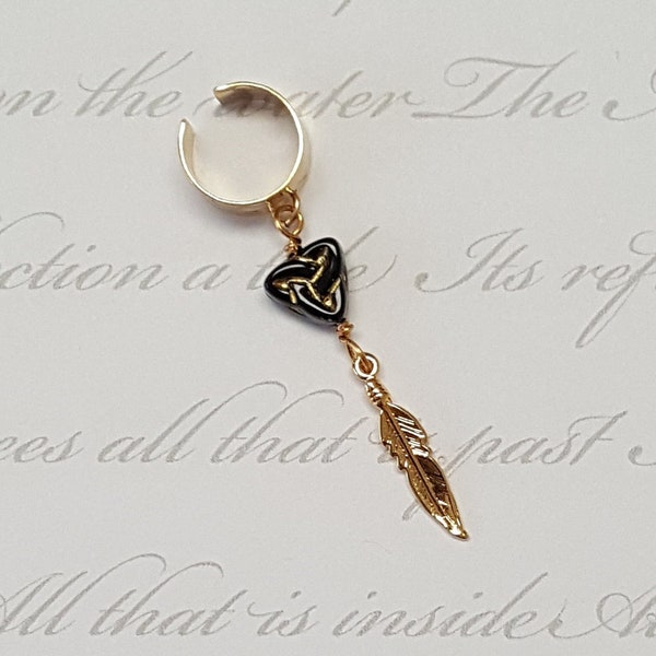 14k Gold Feather with Gold-Filled Ear Cuff and Black Czech Glass Celtic Triad Bead Single Ear Wrap Non Pierced Triquera symbol