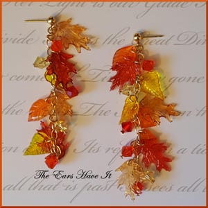 3 inch long Fall Leaves Crystal Gold Earrings Oak Tree Leaf Bright Colorful Autumn Jewelry Red Orange Yellow Halloween Thanksgiving Day gift
