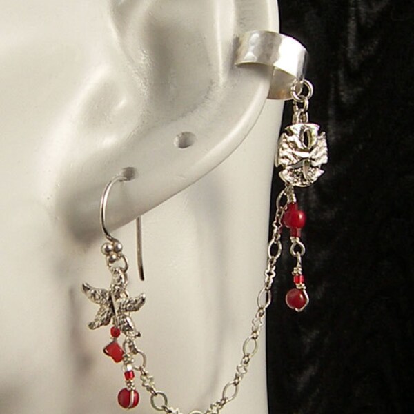 Sterling Silver and Red Coral Seashells & Coral Ear Cuff Ear Wrap and Ear Wire or Post