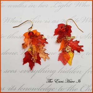 1.5 inch long Fall Leaves Crystal Gold Earrings Oak Tree Leaf Bright Colorful Autumn Jewelry Red Orange Yellow Halloween Thanksgiving Day