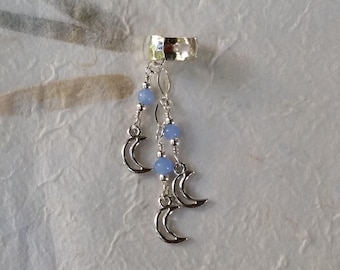 Crescent Moon Sterling Silver ear cuff and chain ear wrap with pale blue beads uk lunar