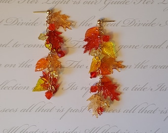 1.5 inch long Fall Leaves Crystal Gold Earrings Oak Tree Leaf Bright Colorful Autumn Jewelry Red Orange Yellow Halloween Thanksgiving Day