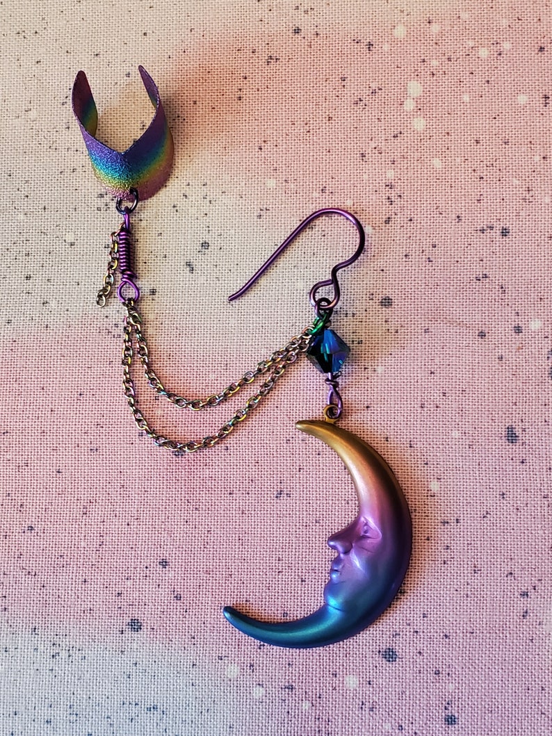 Rainbow Niobium Titanium Crescent Moon Ear Cuff Rainbow Ear Cuff Gay