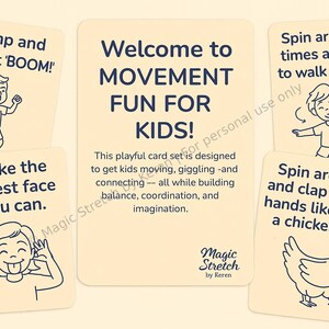 Op de afbeelding: Een set van zes ge&iuml;llustreerde kaarten met instructies voor bewegingsactiviteiten voor kinderen. De kaarten zijn beige met zwarte contouren en bevatten illustraties van kinderen en een kip. De tekst op de kaarten luidt "Welkom bij Bewegingsplezier voor Kinderen!" en "Draai 3 keer rond en probeer recht te lopen."