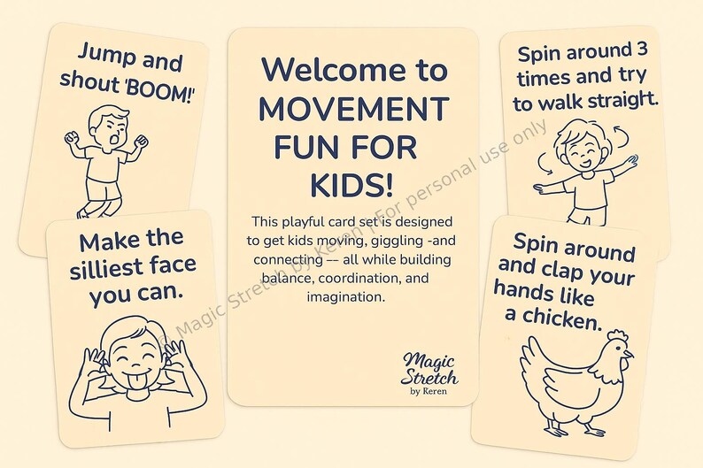 Op de afbeelding: Een set van zes ge&iuml;llustreerde kaarten met instructies voor bewegingsactiviteiten voor kinderen. De kaarten zijn beige met zwarte contouren en bevatten illustraties van kinderen en een kip. De tekst op de kaarten luidt "Welkom bij Bewegingsplezier voor Kinderen!" en "Draai 3 keer rond en probeer recht te lopen."