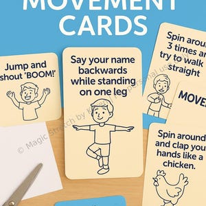 Op de afbeelding: Printbare bewegingskaarten met illustraties van een persoon die springt, op &eacute;&eacute;n been staat, draait en een kip. De kaarten bevatten instructies voor verschillende bewegingsactiviteiten.