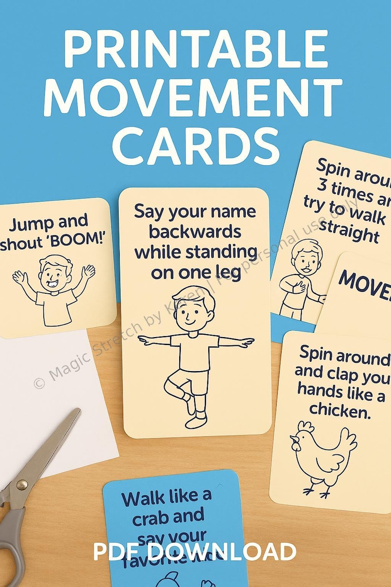 Op de afbeelding: Printbare bewegingskaarten met illustraties van een persoon die springt, op &eacute;&eacute;n been staat, draait en een kip. De kaarten bevatten instructies voor verschillende bewegingsactiviteiten.