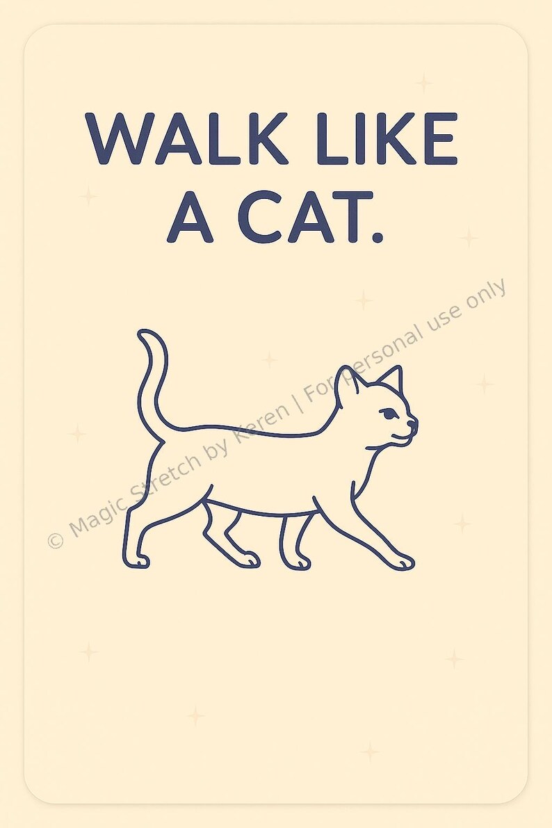 Op de afbeelding: Een beige kaart met een blauwe omtrek van een lopende kat. De tekst "WALK LIKE A CAT." staat in blauw bovenaan de kaart.