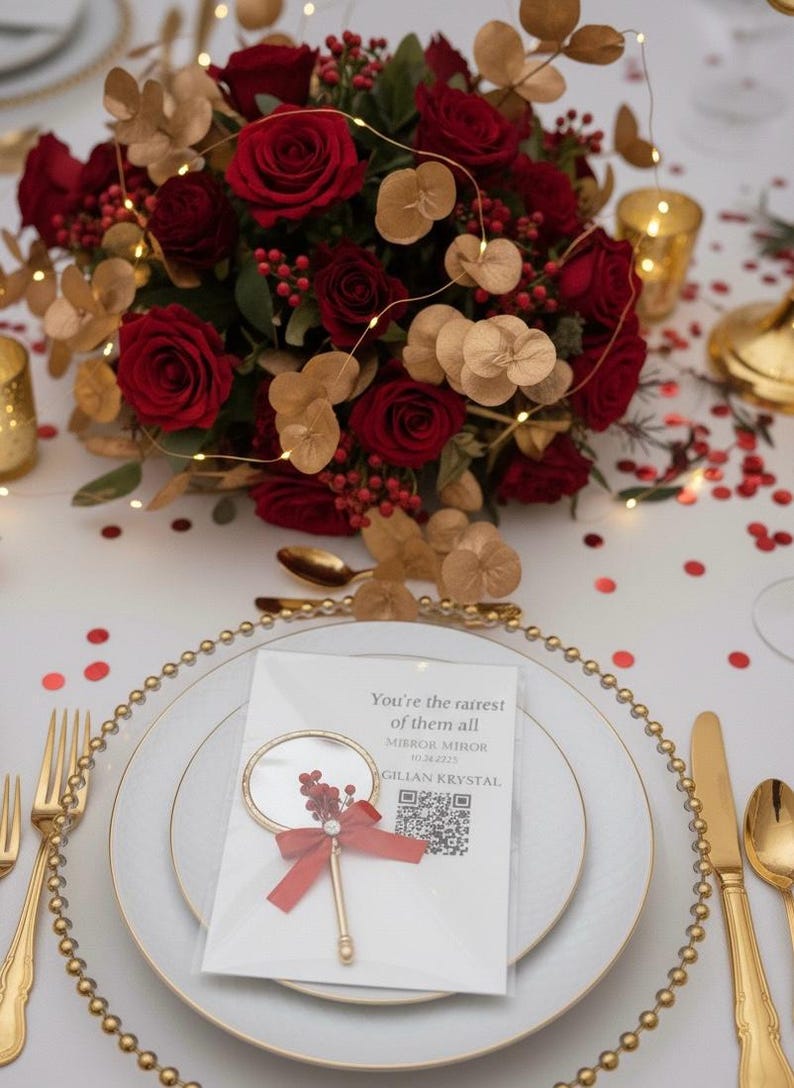 Pu&ograve; includere: Elegante mise en place con un centrotavola di rose rosse e dettagli dorati. Ogni posto a tavola comprende un piatto bianco con bordi dorati, posate dorate e un segnaposto a specchio decorativo con un fiocco rosso. Il testo sul segnaposto recita "You're the rarest of them all".