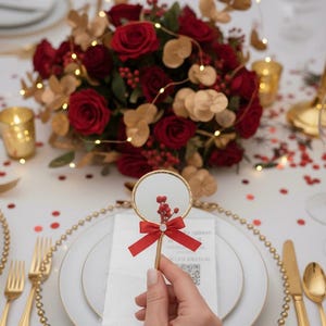 Pu&ograve; includere: Un'elegante tavola imbandita con un centrotavola floreale di rose rosse e dettagli dorati. Uno specchio decorativo con un fiocco rosso e bacche &egrave; posto su un piatto bianco con bordi dorati. Posate dorate e una catena dorata con perline completano il look.