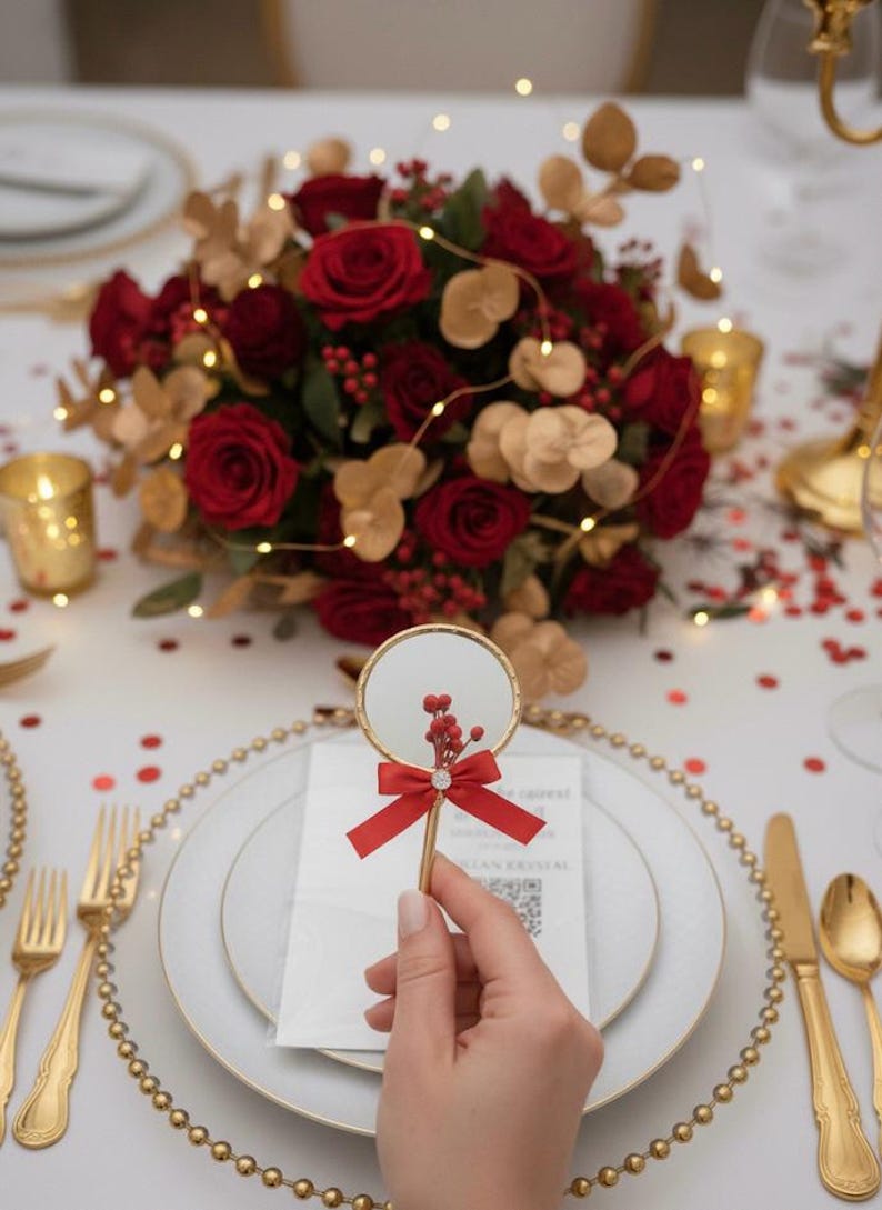 Pu&ograve; includere: Un'elegante tavola imbandita con un centrotavola floreale di rose rosse e dettagli dorati. Uno specchio decorativo con un fiocco rosso e bacche &egrave; posto su un piatto bianco con bordi dorati. Posate dorate e una catena dorata con perline completano il look.