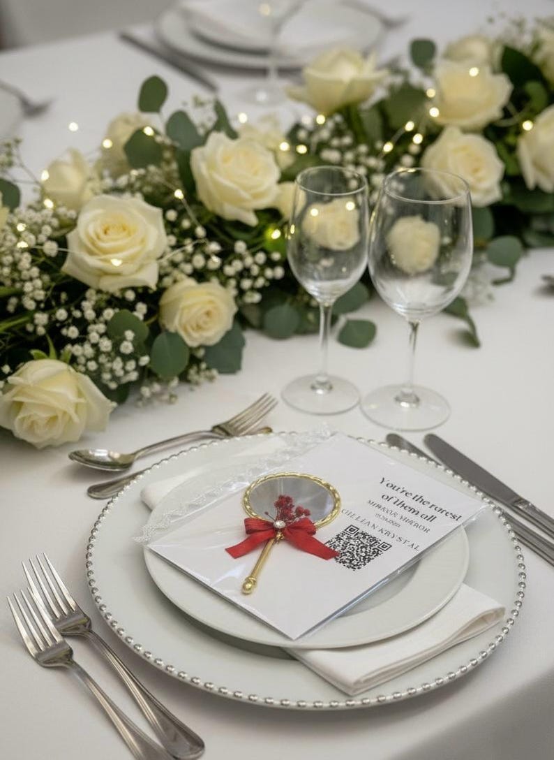 Pu&ograve; includere: Un'impostazione del tavolo nuziale con rose bianche, verde e luci fatate. Due calici sono vicino a un piatto con un segnaposto decorativo e una carta con la scritta "You're the rarest of them all". Posate d'argento e una tovaglia bianca.