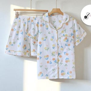 pyjama en coton pour femme | Shorts et chemises boutonnés à manches courtes | Joli pyjama à imprimé fruits | Vêtements de détente d&#39;été doux et confortables