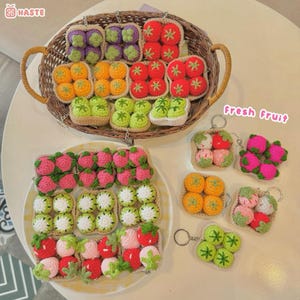 Handmade Crochet Fruit Vegetable Keychain - Kawaii Strawberry Orange Kiwi Melon Plush Keyring