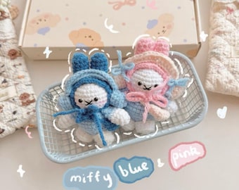 Crochet Bunny Keychain with Headphones | Miffy Amigurumi Bag Charm Blue/Pink