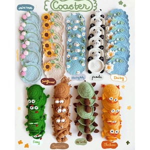 Puede incluir: Colección de posavasos de ganchillo hechos a mano con diseños de mini rosas, girasoles, patito, panda, margarita, fooy, ardilla, mr turtle y pollo. Los posavasos son de color azul, verde, amarillo, blanco y marrón.