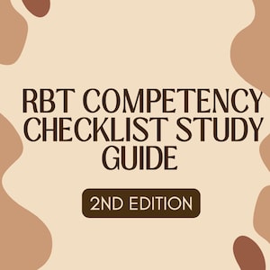 Puede incluir: Una guía de estudio con el texto "RBT Competency Checklist Study Guide" en fuente marrón oscuro. Las palabras "2nd Edition" están en un rectángulo marrón oscuro. El fondo es beige con formas abstractas marrones.
