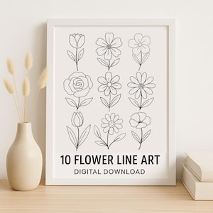 10 PNG de arte lineal de flores / Clipart floral dibujado a mano / Descarga digital botánica minimalista