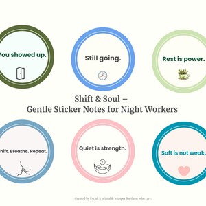 Notas de incentivo gentis para turnos noturnos – Adesivos para impressão, 6 designs circulares