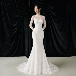 Peut inclure: Une robe longue blanche en dentelle avec des manches longues, un col haut et un corsage ajusté qui s'évase en une silhouette sirène à l'ourlet. Le motif floral complexe en dentelle recouvre tout le vêtement, y compris l'encolure illusion transparente.
