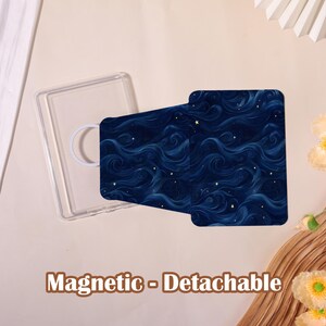 May include: A clear phone case with a detachable magnetic cover featuring a dark blue, swirling pattern with small yellow stars. The text "Magnetic - Detachable" is displayed at the bottom.