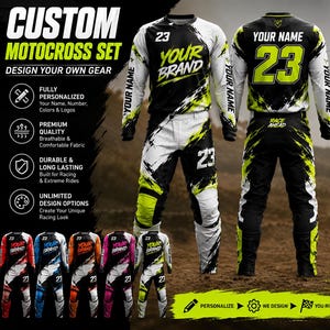 May include: Custom motocross set in black, white, and neon green. The jersey and trousers feature the number 23 and space for a brand name. The image includes options for personalization and design, with text that reads "Custom Motocross Set".