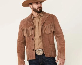 Chaqueta vintage de ante con flecos, abrigo de rodeo occidental hecho a mano