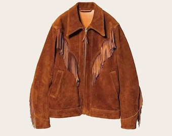 Chaqueta vaquera vintage de ante con flecos, abrigo de rodeo de vaquera hecho a mano