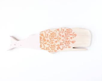 Wooden Whale Peach + Pink Floral, Whitewashed, Whale Decor, Wood Silhouette, minimal scandinavian wall art, folk, boho, nautical, gift W176