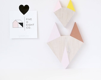 Wood Fox Wall Decor, Pink Copper, Whitewash Wooden Animal Silhouette, geometric, modern, scandinavian design, art, gift, nursery