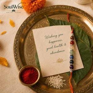 May include: A rakhi bracelet featuring multi-colored gemstone beads and silver-toned spacers, displayed on a cream-colored card with the text Wishing you happiness, good health & abundance, resting on a round brass tray with red powder.