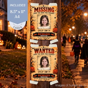 May include: Two rectangular Halloween-themed posters featuring a portrait of a child, the text MISSING or WANTED, and the name CHLOE SMITH. The posters include orange pumpkin graphics, black trees, and a REWARD section with 8.5 inch by 11 inch text.