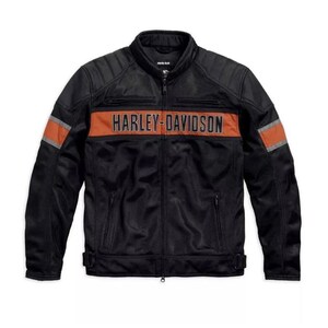 Harley Davidson Men Black Riding Jacket with Orange Reflective Stripes, Mesh Textile Motorcycle Coat, Protective Harley Gear, gift for him