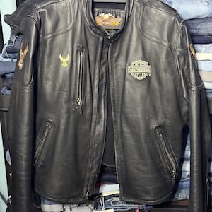 Harley Davidson Men Black Leather Motorcycle Jacket, Eagle Patches and Bar & Shield Logo, Vintage Biker Riding Gear Coat, gift, gift for him